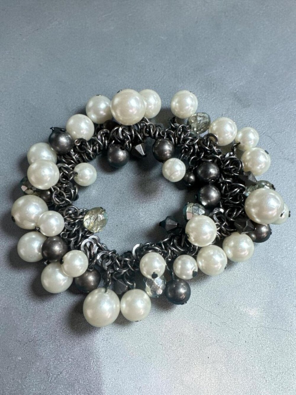 Chunky Faux Pearl & Bead Charm Bracelet Black Chain Stretch Adjustable Size